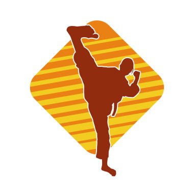 Dövüş sanatları tekmesi atan bir kadının silueti. Sportif bir kadının silueti tekme hareketi yapıyor..