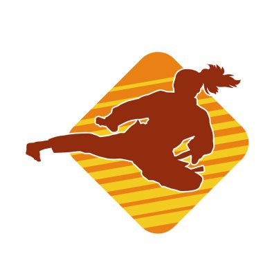 Dövüş sanatları tekmesi atan bir kadının silueti. Sportif bir kadının silueti tekme hareketi yapıyor..