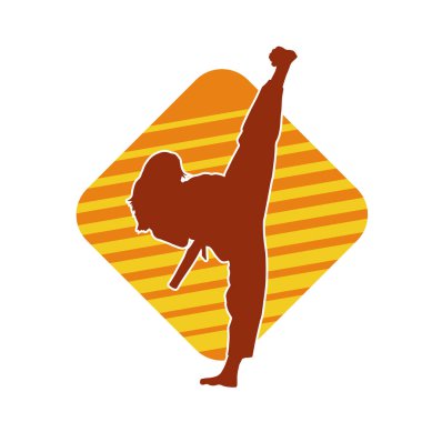 Dövüş sanatları tekmesi atan bir kadının silueti. Sportif bir kadının silueti tekme hareketi yapıyor..