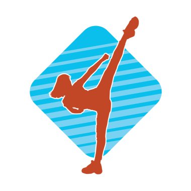 Dövüş sanatları tekmesi atan bir kadının silueti. Sportif bir kadının silueti tekme hareketi yapıyor..