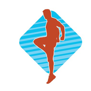 Sportif bir erkeğin silueti spor salonunda poz veriyor. Aerobik yapan zayıf bir adamın silueti..