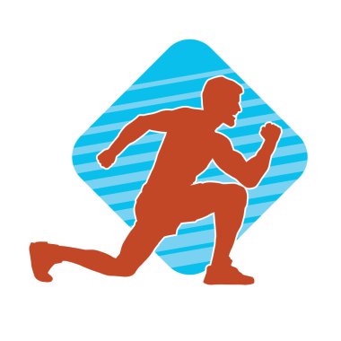 Sportif bir erkeğin silueti spor salonunda poz veriyor. Aerobik yapan zayıf bir adamın silueti..