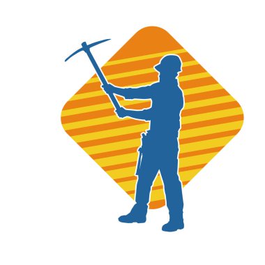 Görev sırasında baltayla dolaşan işçi kostümlü bir adamın silüeti. Bir madencinin hareket halindeki silueti balta aracı ile poz verir.