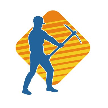 Görev sırasında baltayla dolaşan işçi kostümlü bir adamın silüeti. Bir madencinin hareket halindeki silueti balta aracı ile poz verir.