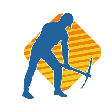 Görev sırasında baltayla dolaşan işçi kostümlü bir adamın silüeti. Bir madencinin hareket halindeki silueti balta aracı ile poz verir.