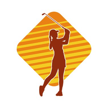 Golf oynayan bir kadının silüeti. Hareketli bir kadın golfçünün silueti..