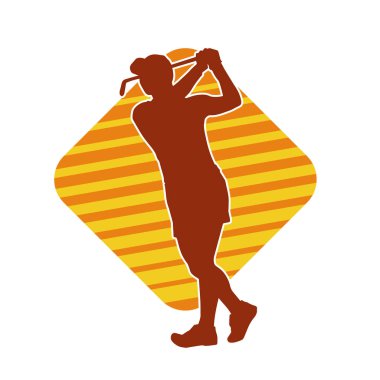 Golf oynayan bir kadının silüeti. Hareketli bir kadın golfçünün silueti..
