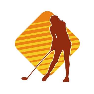 Golf oynayan bir kadının silüeti. Hareketli bir kadın golfçünün silueti..