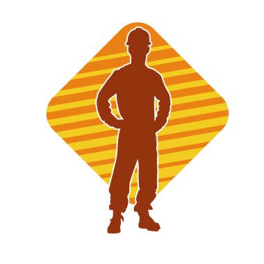 İnşaat işçisi kostümlü bir adamın silueti. İnşaat işçisinin silueti pozda.. 