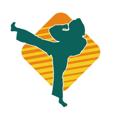Dövüş sanatları tekmesi atan bir kadının silueti. Sportif bir kadının silueti tekme hareketi yapıyor..