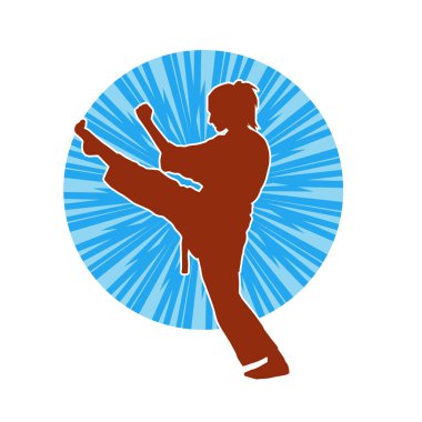 Dövüş sanatları tekmesi atan bir kadının silueti. Sportif bir kadının silueti tekme hareketi yapıyor..