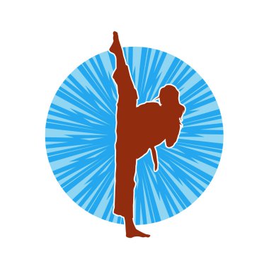 Dövüş sanatları tekmesi atan bir kadının silueti. Sportif bir kadının silueti tekme hareketi yapıyor..