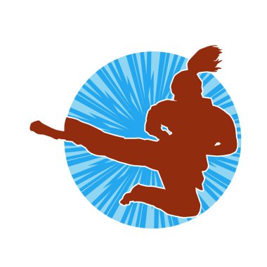 Dövüş sanatları tekmesi atan bir kadının silueti. Sportif bir kadının silueti tekme hareketi yapıyor..