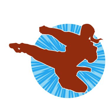 Dövüş sanatları tekmesi atan bir kadının silueti. Sportif bir kadının silueti tekme hareketi yapıyor..