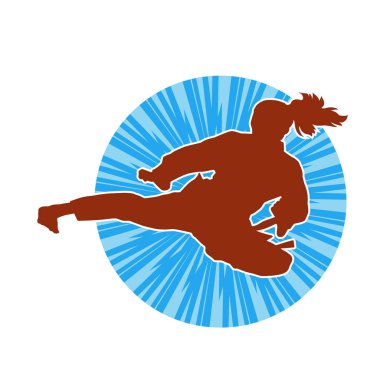 Dövüş sanatları tekmesi atan bir kadının silueti. Sportif bir kadının silueti tekme hareketi yapıyor..