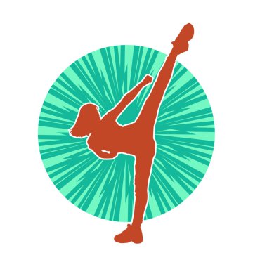 Dövüş sanatları tekmesi atan bir kadının silueti. Sportif bir kadının silueti tekme hareketi yapıyor..