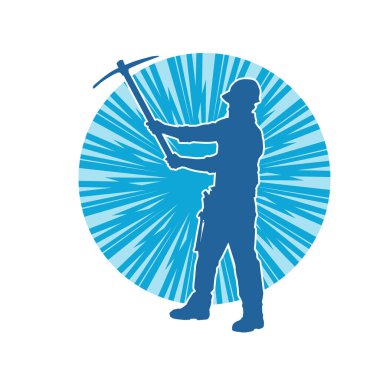 Görev sırasında baltayla dolaşan işçi kostümlü bir adamın silüeti. Bir madencinin hareket halindeki silueti balta aracı ile poz verir.