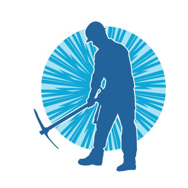 Görev sırasında baltayla dolaşan işçi kostümlü bir adamın silüeti. Bir madencinin hareket halindeki silueti balta aracı ile poz verir.