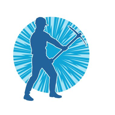 Görev sırasında baltayla dolaşan işçi kostümlü bir adamın silüeti. Bir madencinin hareket halindeki silueti balta aracı ile poz verir.