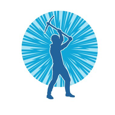 Görev sırasında baltayla dolaşan işçi kostümlü bir adamın silüeti. Bir madencinin hareket halindeki silueti balta aracı ile poz verir.