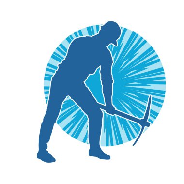 Görev sırasında baltayla dolaşan işçi kostümlü bir adamın silüeti. Bir madencinin hareket halindeki silueti balta aracı ile poz verir.