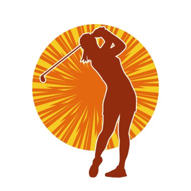 Golf oynayan bir kadının silüeti. Hareketli bir kadın golfçünün silueti..