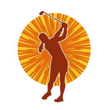 Golf oynayan bir kadının silüeti. Hareketli bir kadın golfçünün silueti..