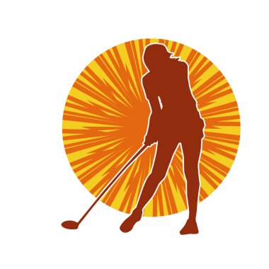 Golf oynayan bir kadının silüeti. Hareketli bir kadın golfçünün silueti..