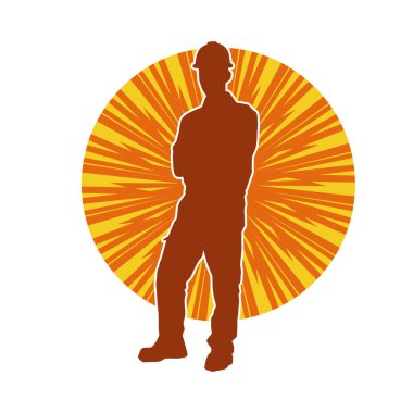 İnşaat işçisi kostümlü bir adamın silueti. İnşaat işçisinin silueti pozda.. 