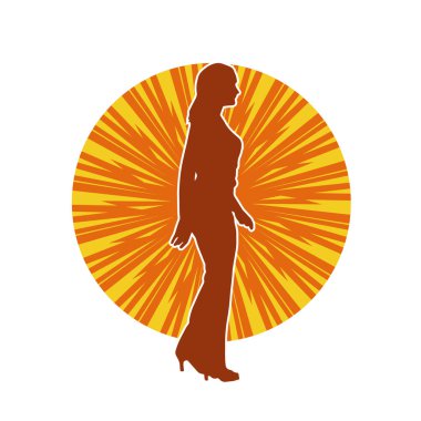 Uzun pantolon ve yüksek topuklu giyen zayıf bir kadın modelin silueti..