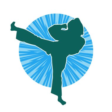Dövüş sanatları tekmesi atan bir kadının silueti. Sportif bir kadının silueti tekme hareketi yapıyor..