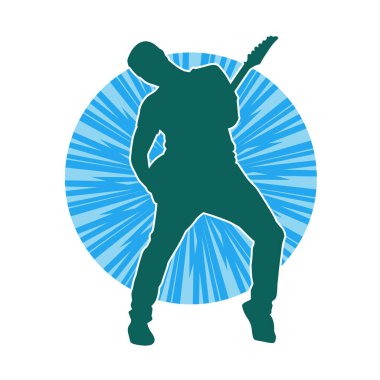 Elektro gitar çalan bir müzisyenin silueti. Bir erkek gitaristin silueti.