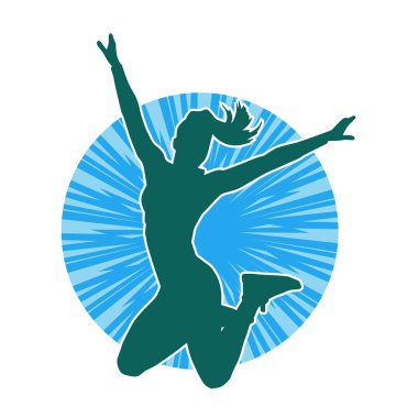 Mutlu bir kadının silueti atlama pozu. Bir kız modelin silueti sıçrar.