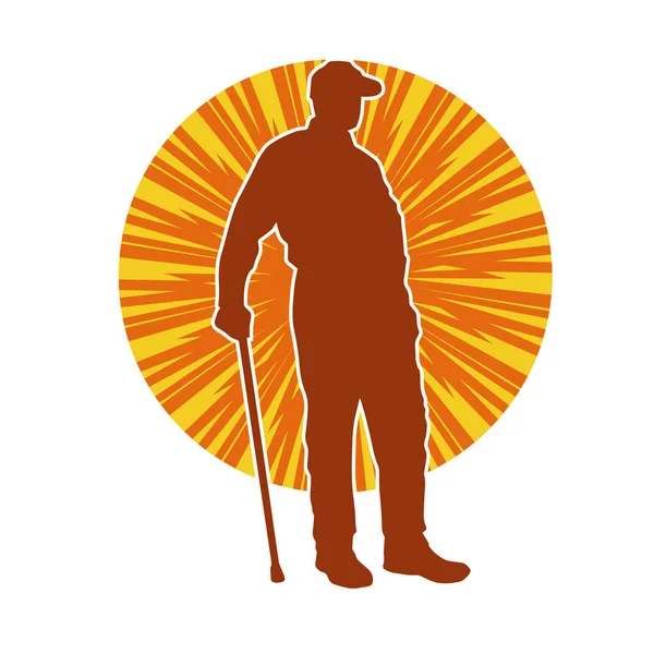 Yürüyen bastonla ayakta duran yaşlı bir adamın silueti..