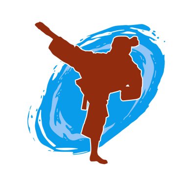 Dövüş sanatları tekmesi atan bir kadının silueti. Sportif bir kadının silueti tekme hareketi yapıyor..