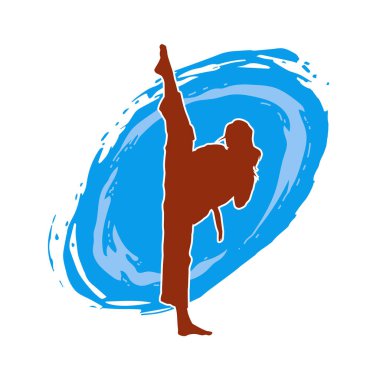 Dövüş sanatları tekmesi atan bir kadının silueti. Sportif bir kadının silueti tekme hareketi yapıyor..