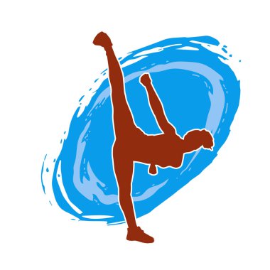 Dövüş sanatları tekmesi atan bir kadının silueti. Sportif bir kadının silueti tekme hareketi yapıyor..
