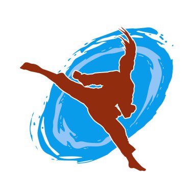 Dövüş sanatları tekmesi atan bir kadının silueti. Sportif bir kadının silueti tekme hareketi yapıyor..