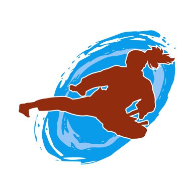 Dövüş sanatları tekmesi atan bir kadının silueti. Sportif bir kadının silueti tekme hareketi yapıyor..