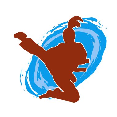 Dövüş sanatları tekmesi atan bir kadının silueti. Sportif bir kadının silueti tekme hareketi yapıyor..