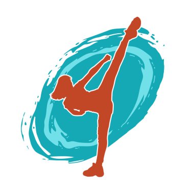 Dövüş sanatları tekmesi atan bir kadının silueti. Sportif bir kadının silueti tekme hareketi yapıyor..