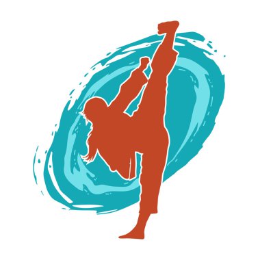 Dövüş sanatları tekmesi atan bir kadının silueti. Sportif bir kadının silueti tekme hareketi yapıyor..