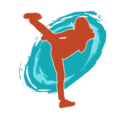 Dövüş sanatları tekmesi atan bir kadının silueti. Sportif bir kadının silueti tekme hareketi yapıyor..