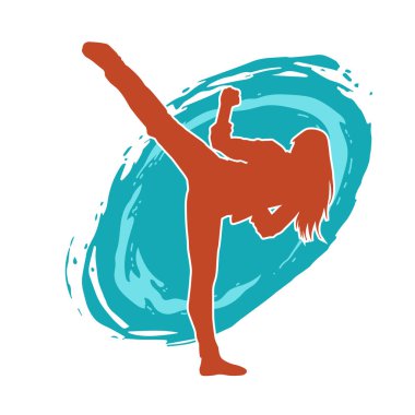 Dövüş sanatları tekmesi atan bir kadının silueti. Sportif bir kadının silueti tekme hareketi yapıyor..