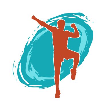 Sportif bir erkeğin silueti spor salonunda poz veriyor. Aerobik yapan zayıf bir adamın silueti..