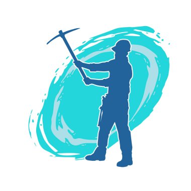 Görev sırasında baltayla dolaşan işçi kostümlü bir adamın silüeti. Bir madencinin hareket halindeki silueti balta aracı ile poz verir.