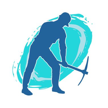 Görev sırasında baltayla dolaşan işçi kostümlü bir adamın silüeti. Bir madencinin hareket halindeki silueti balta aracı ile poz verir.