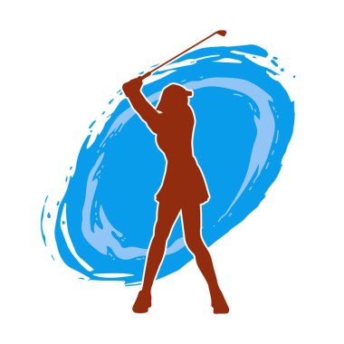 Golf oynayan bir kadının silüeti. Hareketli bir kadın golfçünün silueti..