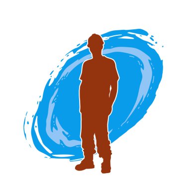 İnşaat işçisi kostümlü bir adamın silueti. İnşaat işçisinin silueti pozda.. 