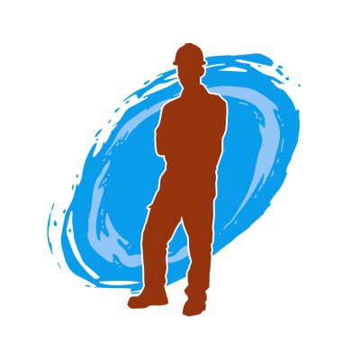 İnşaat işçisi kostümlü bir adamın silueti. İnşaat işçisinin silueti pozda.. 